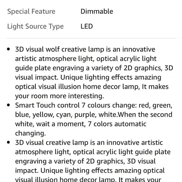 New in box 3d wolf lamp light up multicolor remote usb charge battery 16 colors - Picture 7 of 15